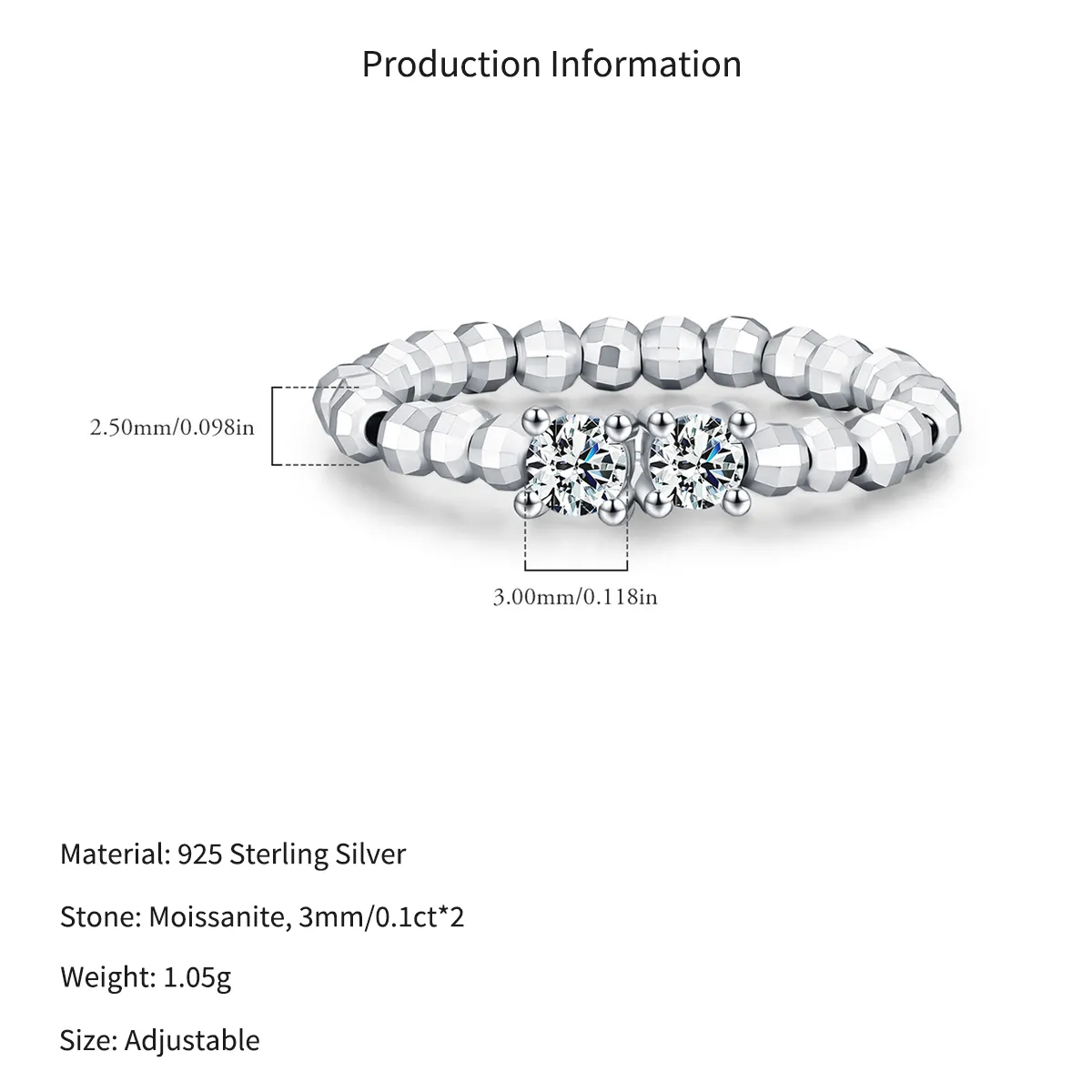 Wholesale 925 Sterling Silver Moissanite Adjustable Beaded Stacking Ring 110200091 - image2