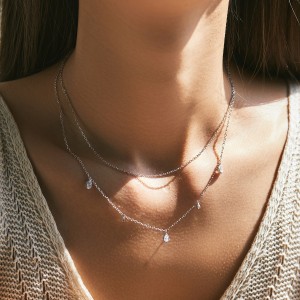 925 Sterling Silver Moissanite Layered Teardrop Charm Necklace 110300012