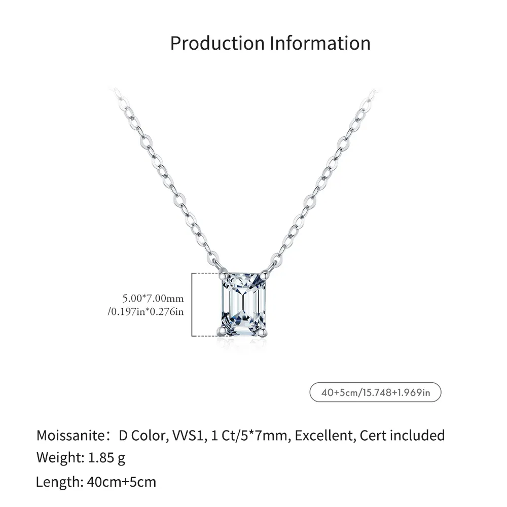 925 Sterling Silver Emerald Cut Moissanite Pendant Necklace 110300018 - image2
