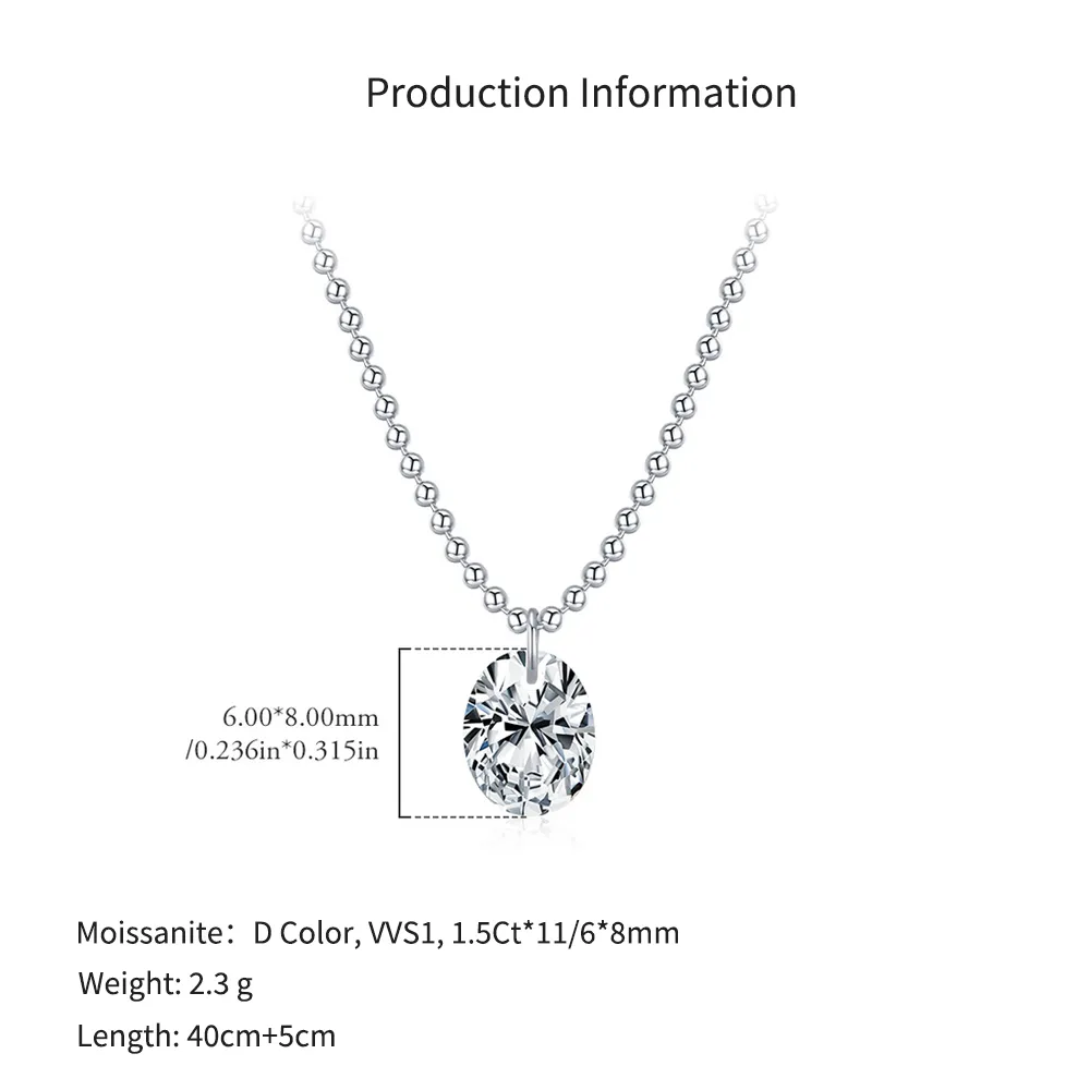 925 Sterling Silver Oval Moissanite Solitaire Ball Chain Necklace 110300021 - image2