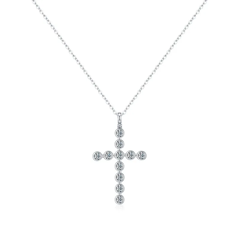 925 Sterling Silver Moissanite Bezel Cross Pendant Necklace 110300022
