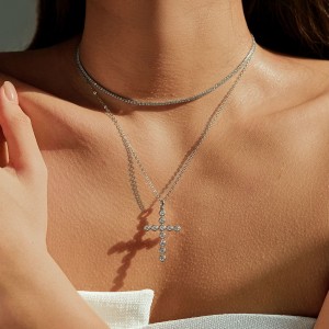 925 Sterling Silver Moissanite Bezel Cross Pendant Necklace 110300022