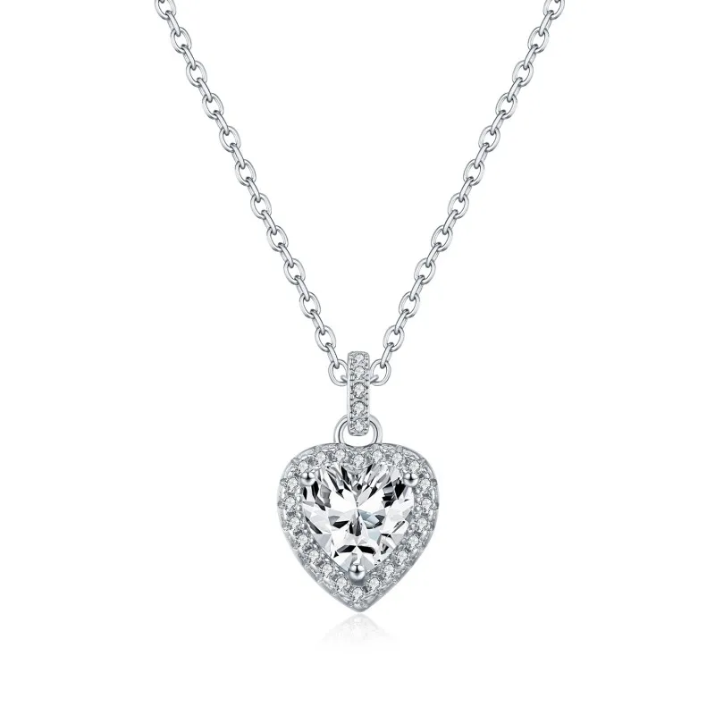 925 Sterling Silver 1Ct Heart Halo Moissanite Pendant Necklace 110300026