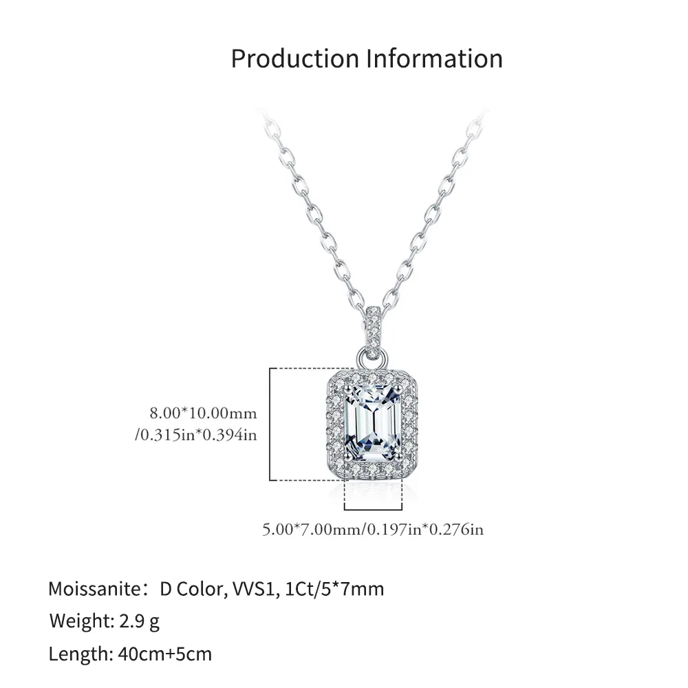 925 Sterling Silver 1Ct Emerald Cut Moissanite Pendant Necklace 110300027 - image2