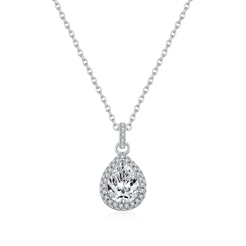 925 Sterling Silver Pear Shape Halo Moissanite Necklace 110300028 925 Sterling Silver Pear Shape Halo Moissanite Necklace 110300028