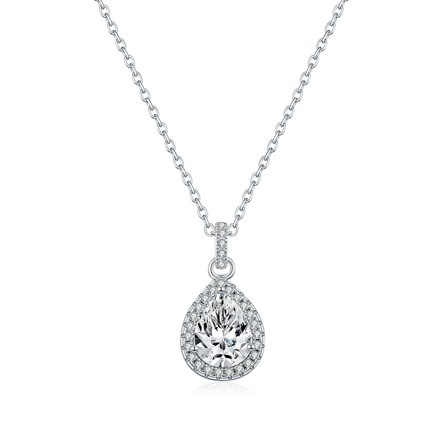 925 Sterling Silver Pear Shape Halo Moissanite Necklace 110300028 925 Sterling Silver Pear Shape Halo Moissanite Necklace 110300028