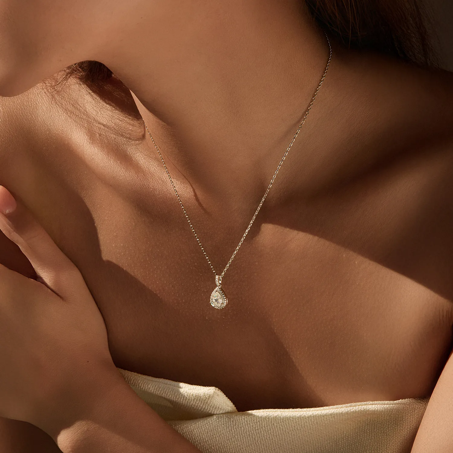 925 Sterling Silver Pear Shape Halo Moissanite Necklace 110300028 - image1