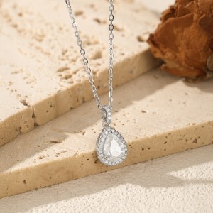 925 Sterling Silver Pear Shape Halo Moissanite Necklace 110300028 925 Sterling Silver Pear Shape Halo Moissanite Necklace 110300028