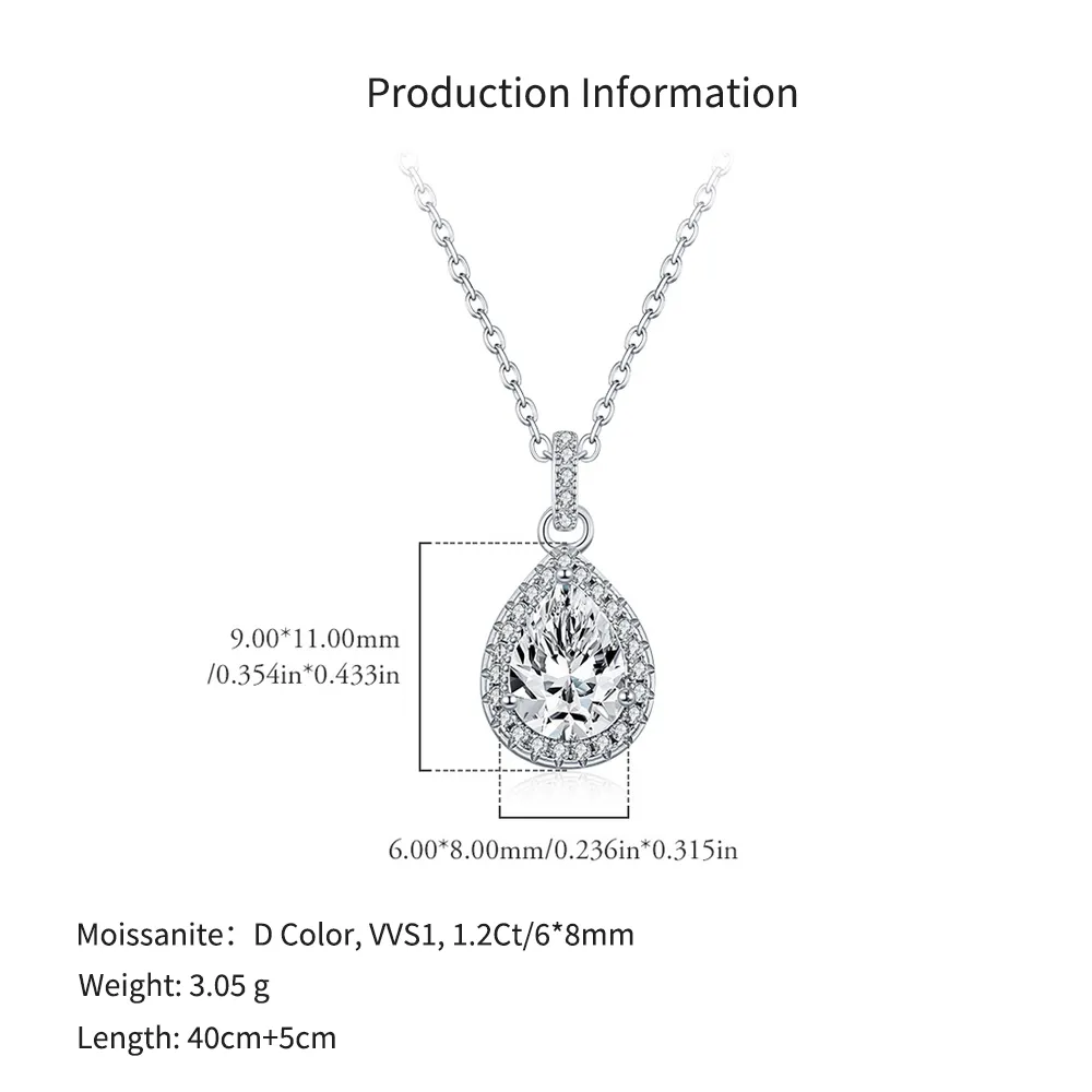 925 Sterling Silver Pear Shape Halo Moissanite Necklace 110300028 - image2