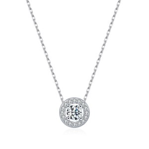 925 Sterling Silver Round Halo Pave Moissanite Necklace 110300030 925 Sterling Silver Round Halo Pave Moissanite Necklace 110300030