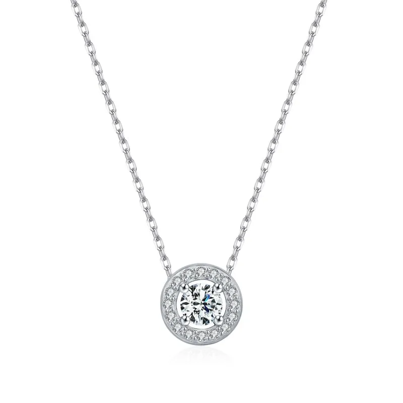925 Sterling Silver Round Halo Pave Moissanite Necklace 110300030 925 Sterling Silver Round Halo Pave Moissanite Necklace 110300030