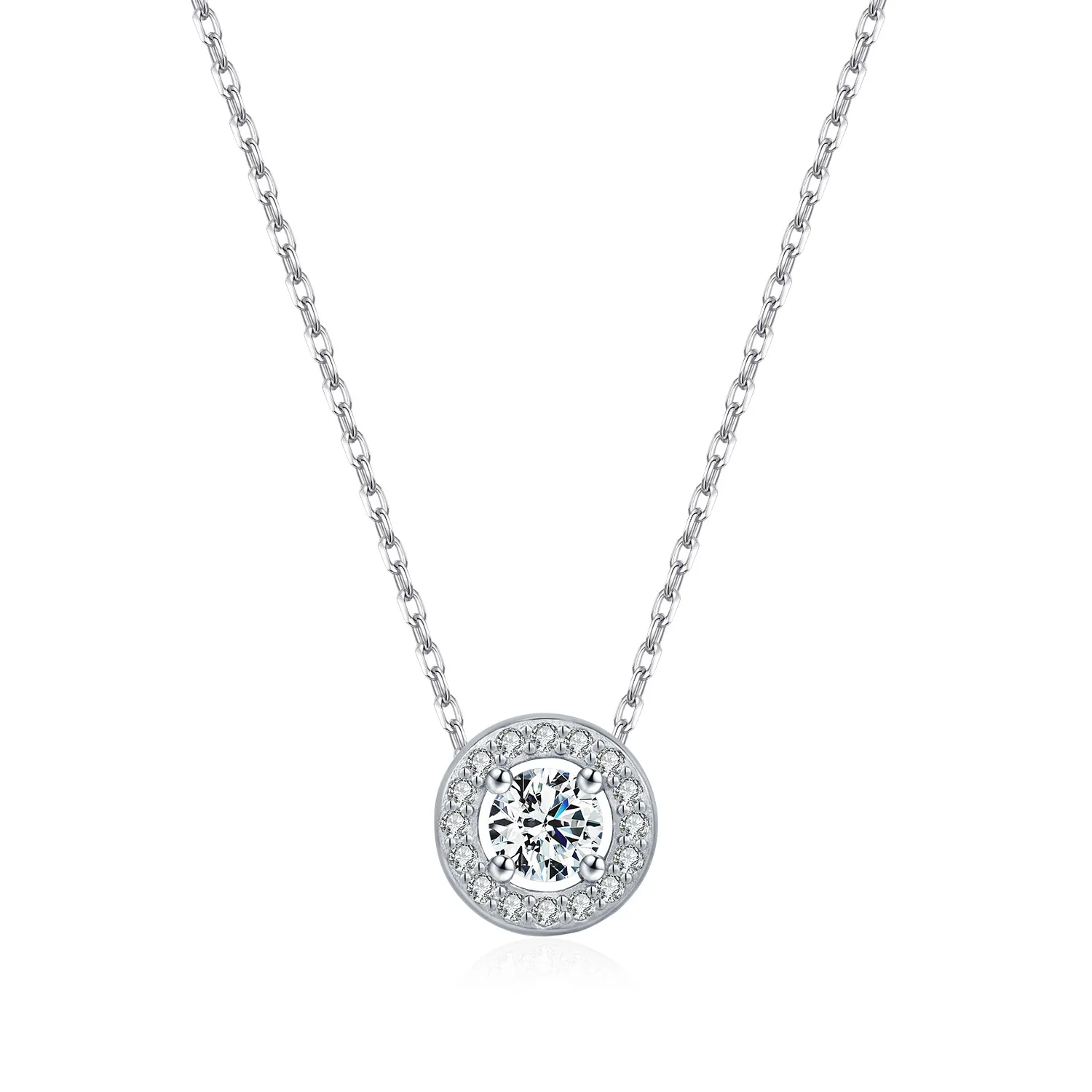 925 Sterling Silver Round Halo Pave Moissanite Necklace 110300030 925 Sterling Silver Round Halo Pave Moissanite Necklace 110300030
