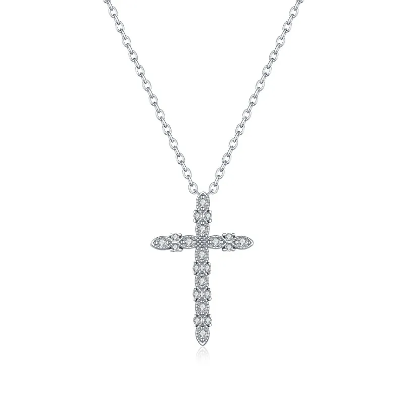 925 Sterling Silver Vintage Pave Moissanite Cross Necklace 110300031