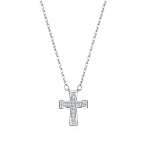 925 Sterling Silver Pave Moissanite Cross Pendant Necklace 110300036