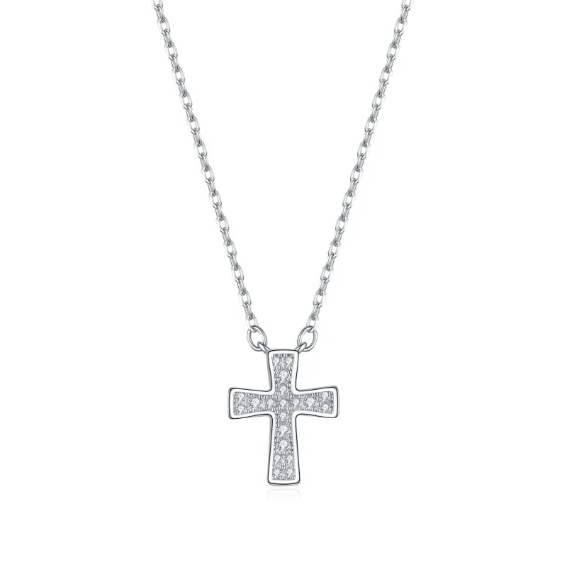 925 Sterling Silver Pave Moissanite Cross Pendant Necklace 110300036
