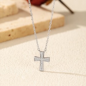 925 Sterling Silver Pave Moissanite Cross Pendant Necklace 110300036