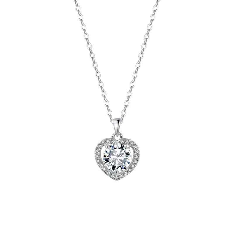 925 Sterling Silver Moissanite Heart Halo Necklace 110300037