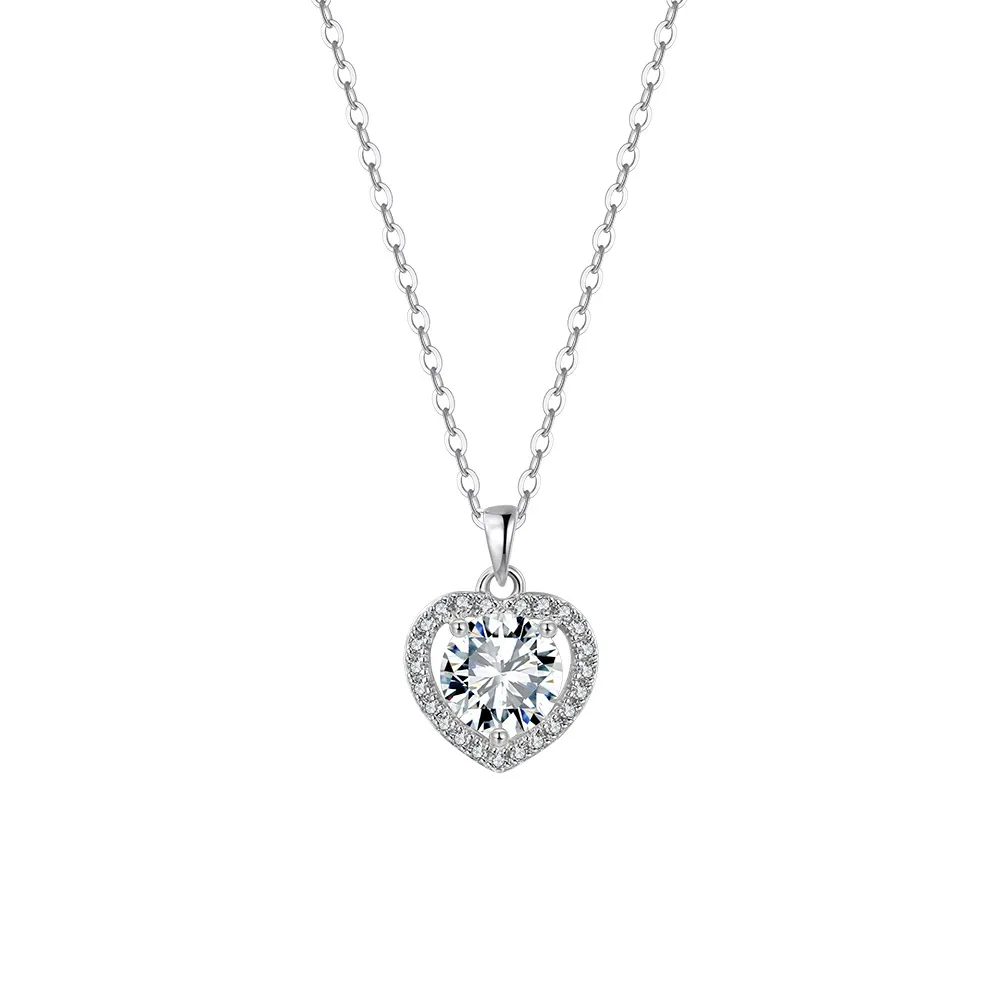 925 Sterling Silver Moissanite Heart Halo Necklace 110300037