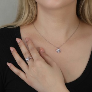 925 Sterling Silver Moissanite Heart Halo Necklace 110300037