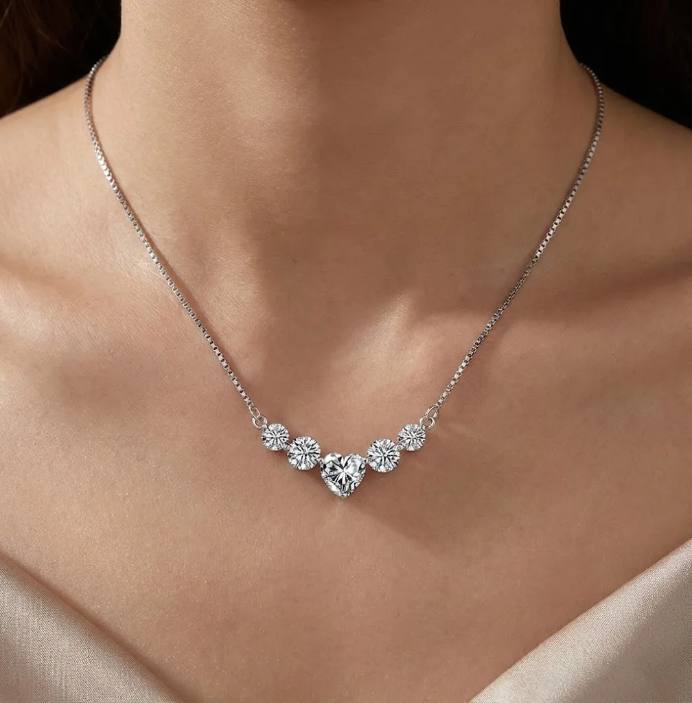925 Sterling Silver Moissanite Heart Smile Necklace 110300039 - image2