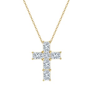 925 Sterling Silver Emerald Cut Moissanite Cross Necklace 110300040