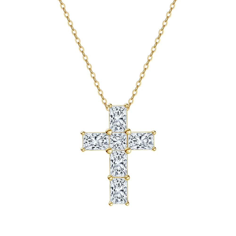 925 Sterling Silver Emerald Cut Moissanite Cross Necklace 110300040
