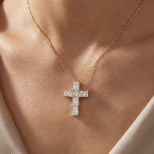 925 Sterling Silver Emerald Cut Moissanite Cross Necklace 110300040