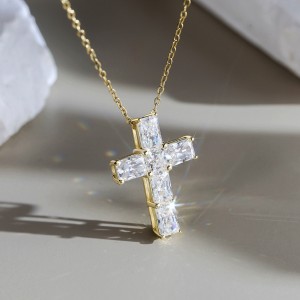 925 Sterling Silver Emerald Cut Moissanite Cross Necklace 110300040
