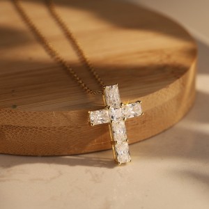 925 Sterling Silver Emerald Cut Moissanite Cross Necklace 110300040