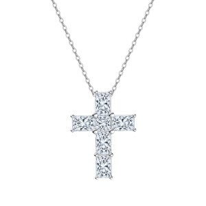 925 Sterling Silver Emerald Cut Moissanite Cross Necklace 110300040