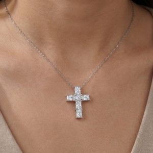 925 Sterling Silver Emerald Cut Moissanite Cross Necklace 110300040