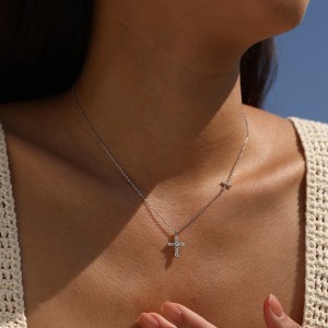 Wholesale 925 Sterling Silver Moissanite Double Cross Necklace 110300044