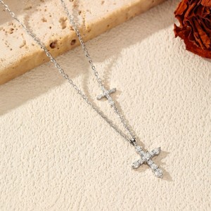 Wholesale 925 Sterling Silver Moissanite Double Cross Necklace 110300044