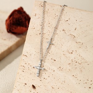 Wholesale 925 Sterling Silver Moissanite Double Cross Necklace 110300044