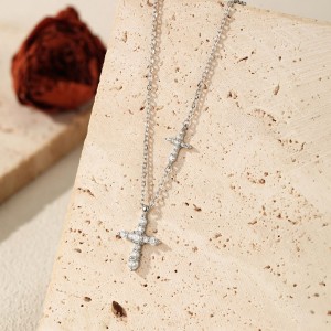 Wholesale 925 Sterling Silver Moissanite Double Cross Necklace 110300044