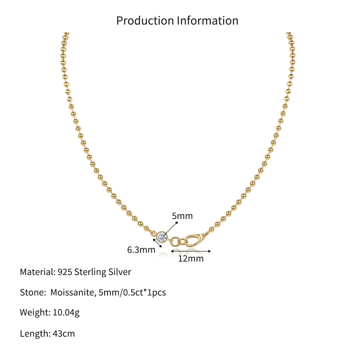 Wholesale 925 Sterling Silver 0.5ct Moissanite Beaded Chain Necklace 110300045 - image2