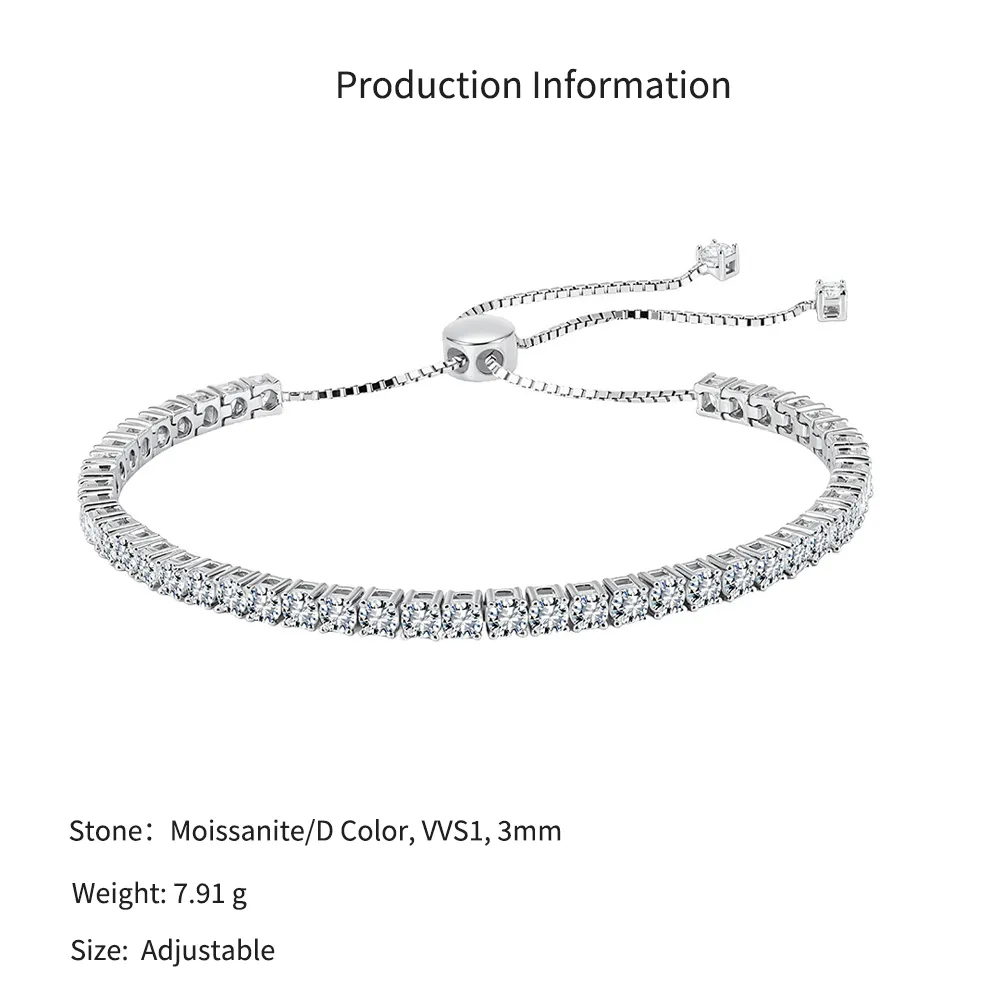 925 Sterling Silver 3mm Moissanite Adjustable Tennis Bracelet 110400024 - image2