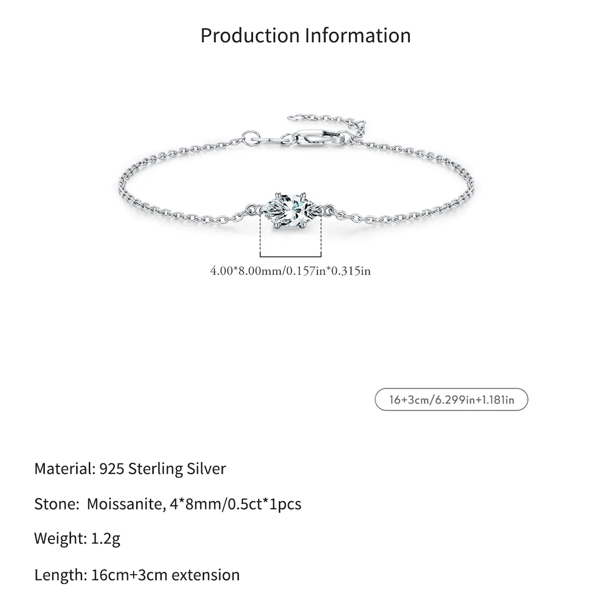 Wholesale 925 Sterling Silver 0.5ct Marquise Moissanite Bracelet 110400025 - image2