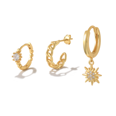 3pcs Zirconia Sunflower Sterling Silver Hoop Earring Sets 140100008