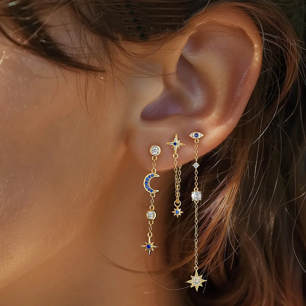 S925 Zirconia Moon Star Evil Eye Tassel Earring Set 140100018 - image1