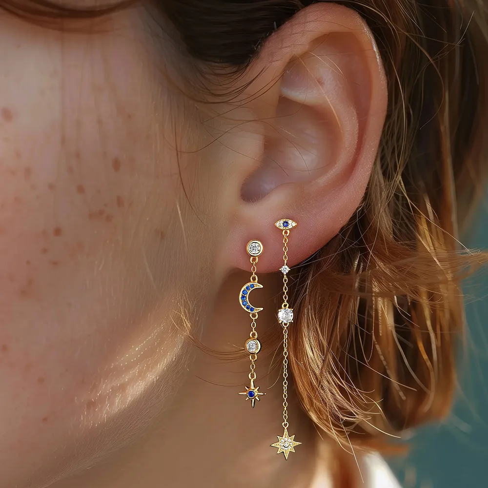 S925 Zirconia Moon Star Evil Eye Tassel Earring Set 140100018 - image2