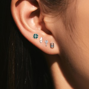 925 Sterling Silver Lock Key Clover Stud Earring Set 140100041