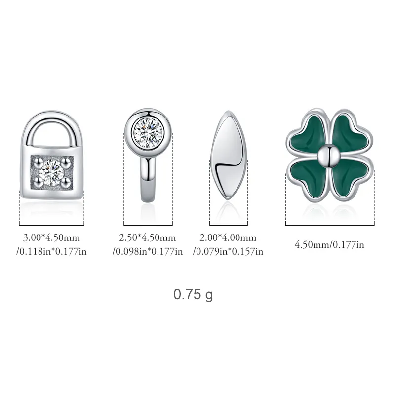 925 Sterling Silver Lock Key Clover Stud Earring Set 140100041 - image2