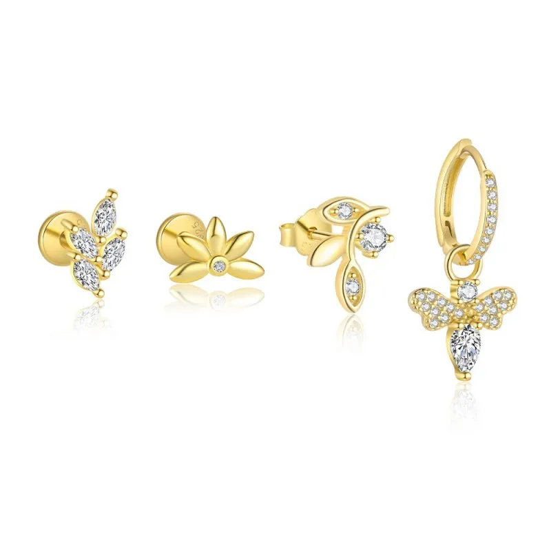 925 Sterling Silver Zircon Bee Floral Leaf Motif Stud Pack 140100045 925 Sterling Silver Zircon Bee Floral Leaf Motif Stud Pack 140100045