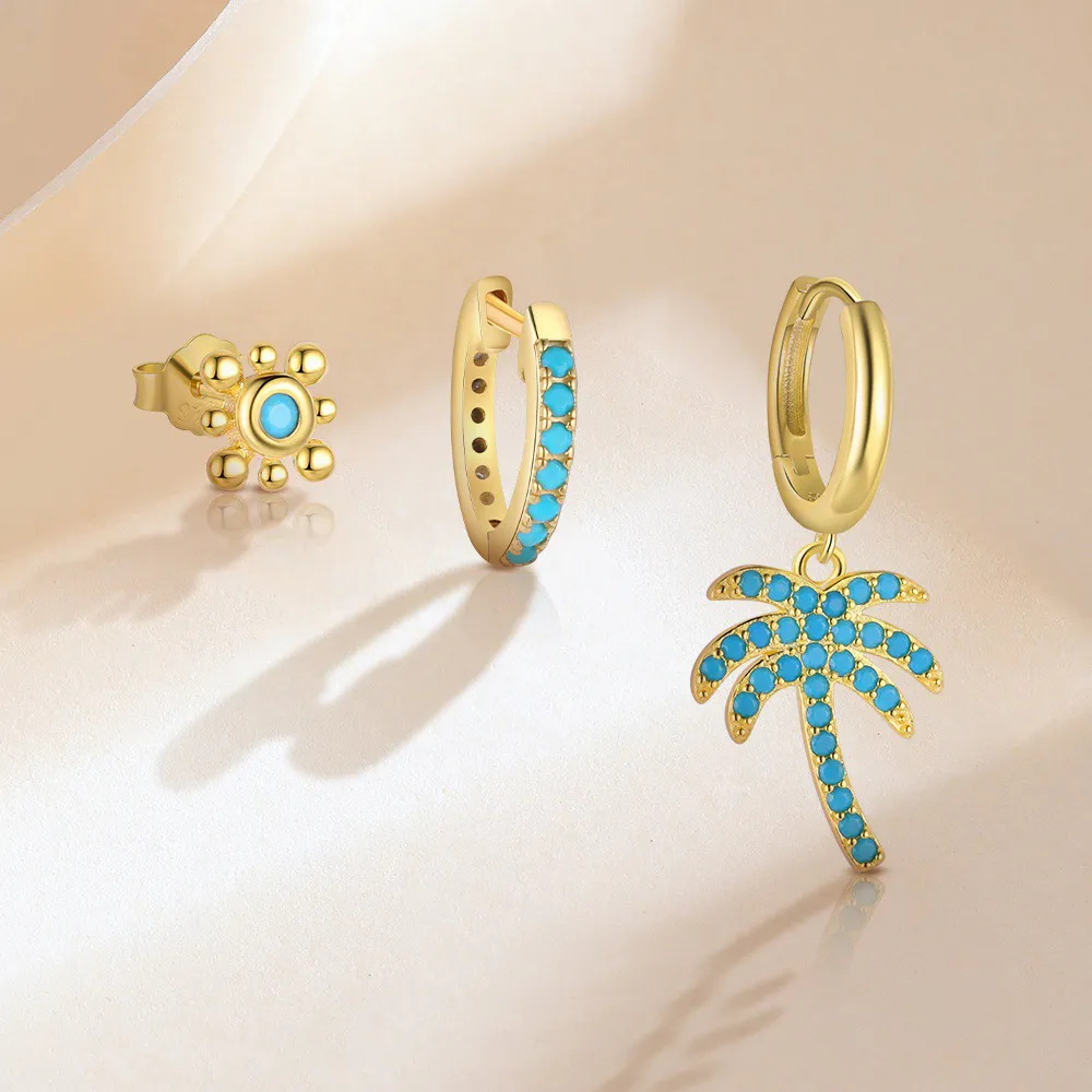 925 Sterling Silver Turquoise Palm Tree Huggie Stacking Earring Set 140100048 - image2