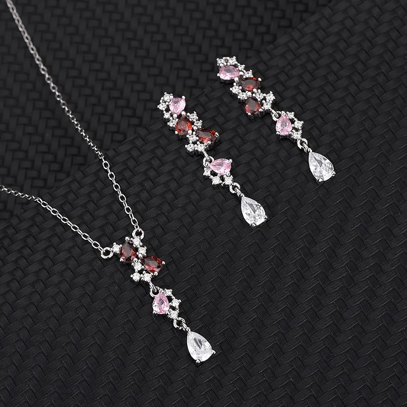 Cubic Zirconia Waterdrop Pendant Necklace Dangle Earring Set 140200003 - image2
