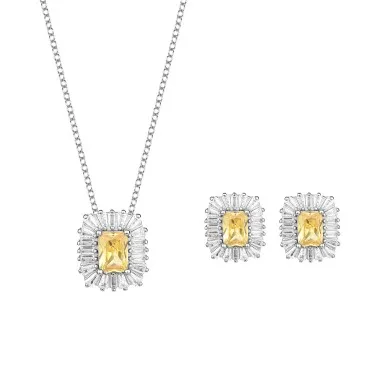 Cubic Zirconia Rectangle Pendant Necklace Stud Earring Set 140200004