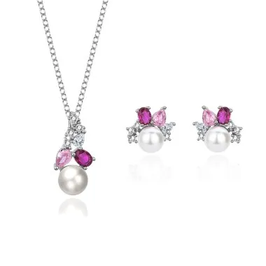 Cubic Zirconia Pearl Pendant Necklace Stud Earring Set 140200006