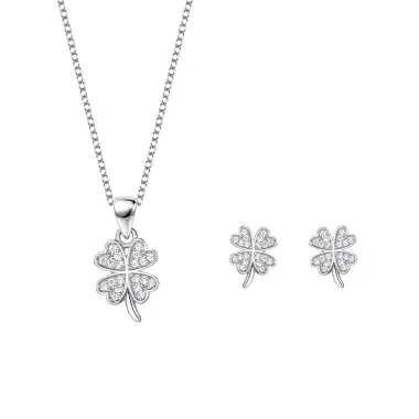 Silver Cubic Zirconia Clover Earring Necklace Set 140200007