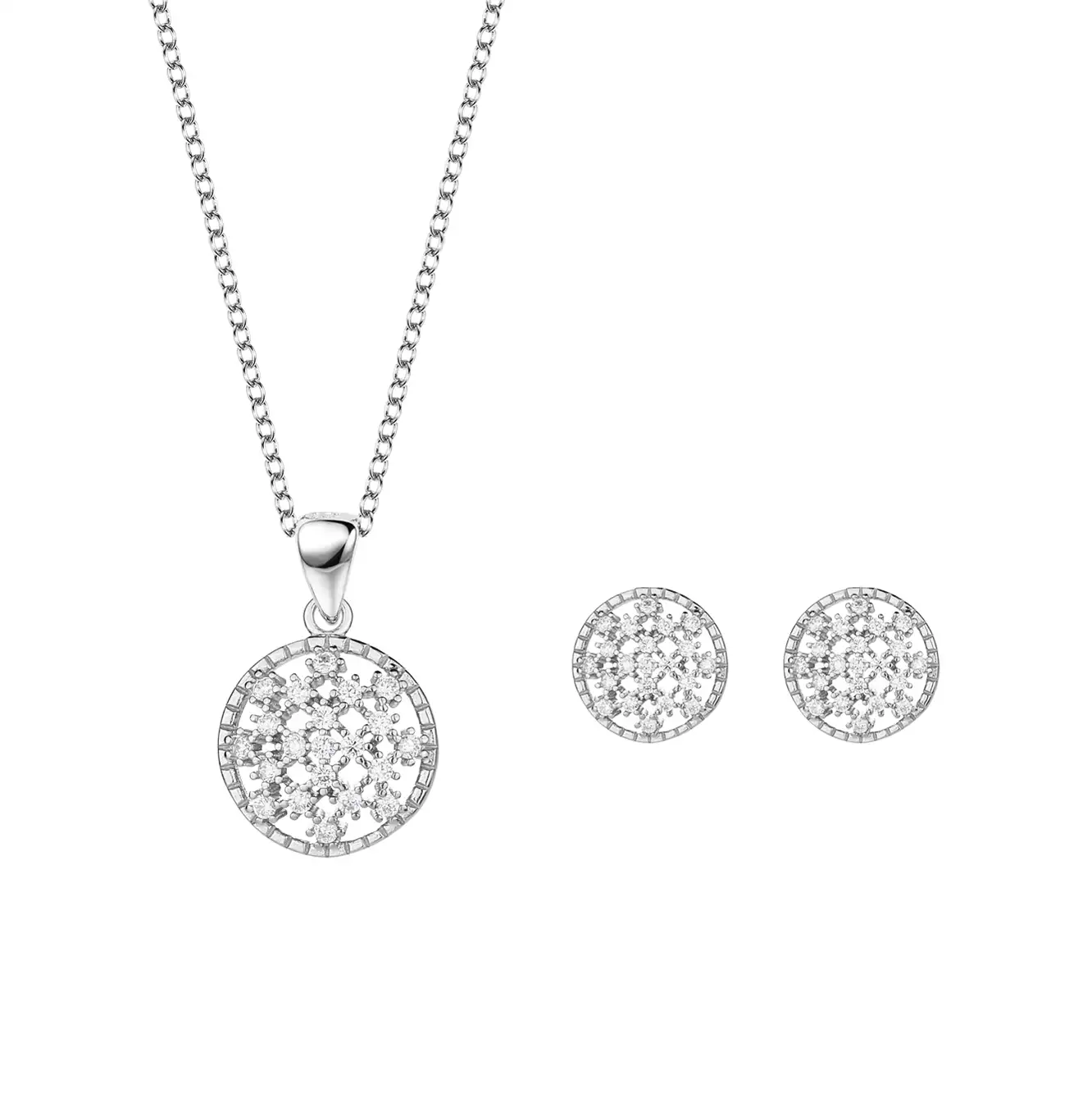 Silver Cubic Zirconia Circle Earring Necklace Set 140200008